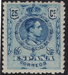 Sello 274 España. Año 1909-1922. Alfonso XIII. Tipo Medallón. 25 céntimos azul.         EC10274a_274